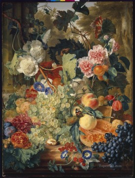 Classical Flowers Painting - Still life of flowers and fruit on a marble slab_1 Jan van Huysum classical flowers